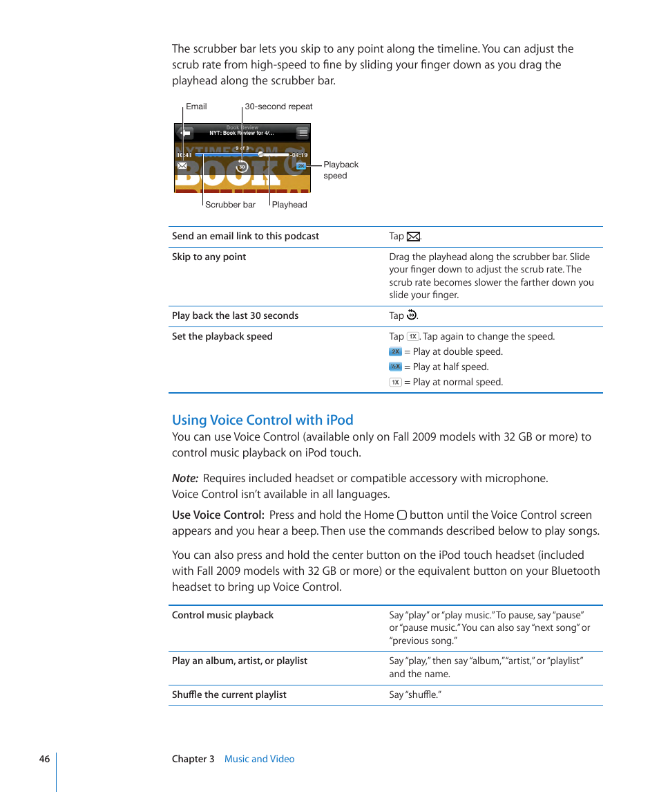 Using voice control with ipod | Apple iPod touch iOS 3.1 User Manual | Page 46 / 169