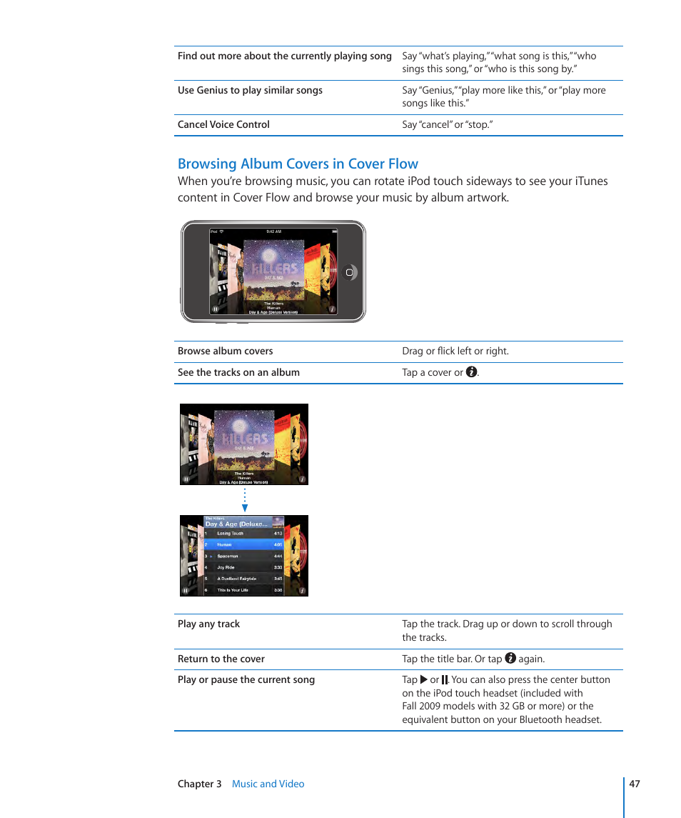Browsing album covers in cover flow | Apple iPod touch iOS 3.1 User Manual | Page 47 / 169
