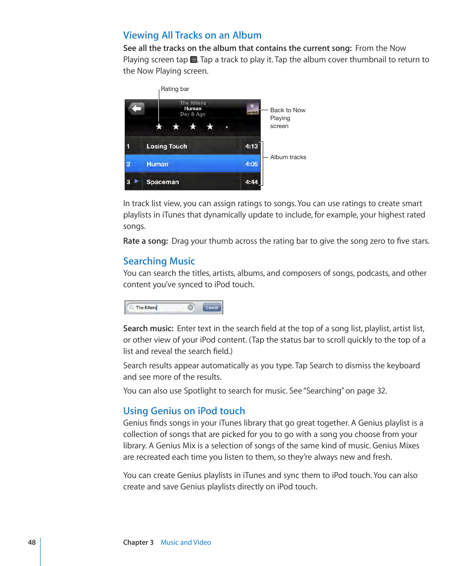 Viewing all tracks on an album, Searching music, Using genius on ipod touch | Apple iPod touch iOS 3.1 User Manual | Page 48 / 169
