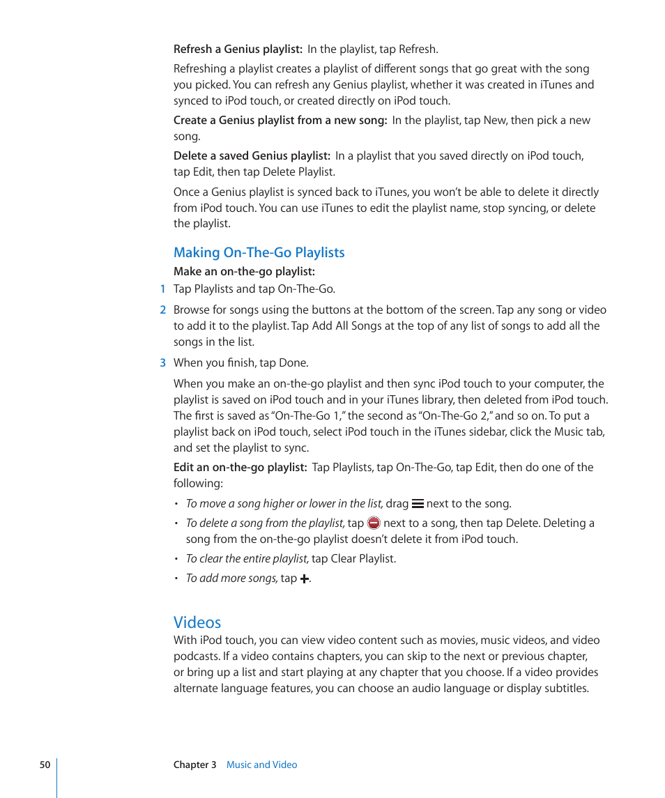 Videos, 50 videos, Making on-the-go playlists | Apple iPod touch iOS 3.1 User Manual | Page 50 / 169