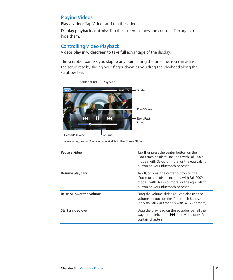 Playing videos, Controlling video playback | Apple iPod touch iOS 3.1 User Manual | Page 51 / 169