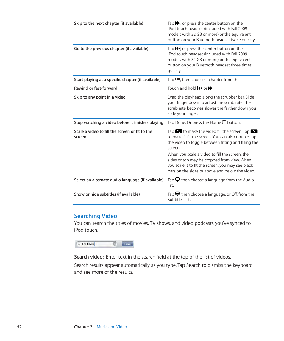 Searching video | Apple iPod touch iOS 3.1 User Manual | Page 52 / 169