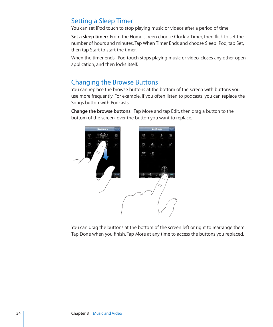 Setting a sleep timer, Changing the browse buttons | Apple iPod touch iOS 3.1 User Manual | Page 54 / 169