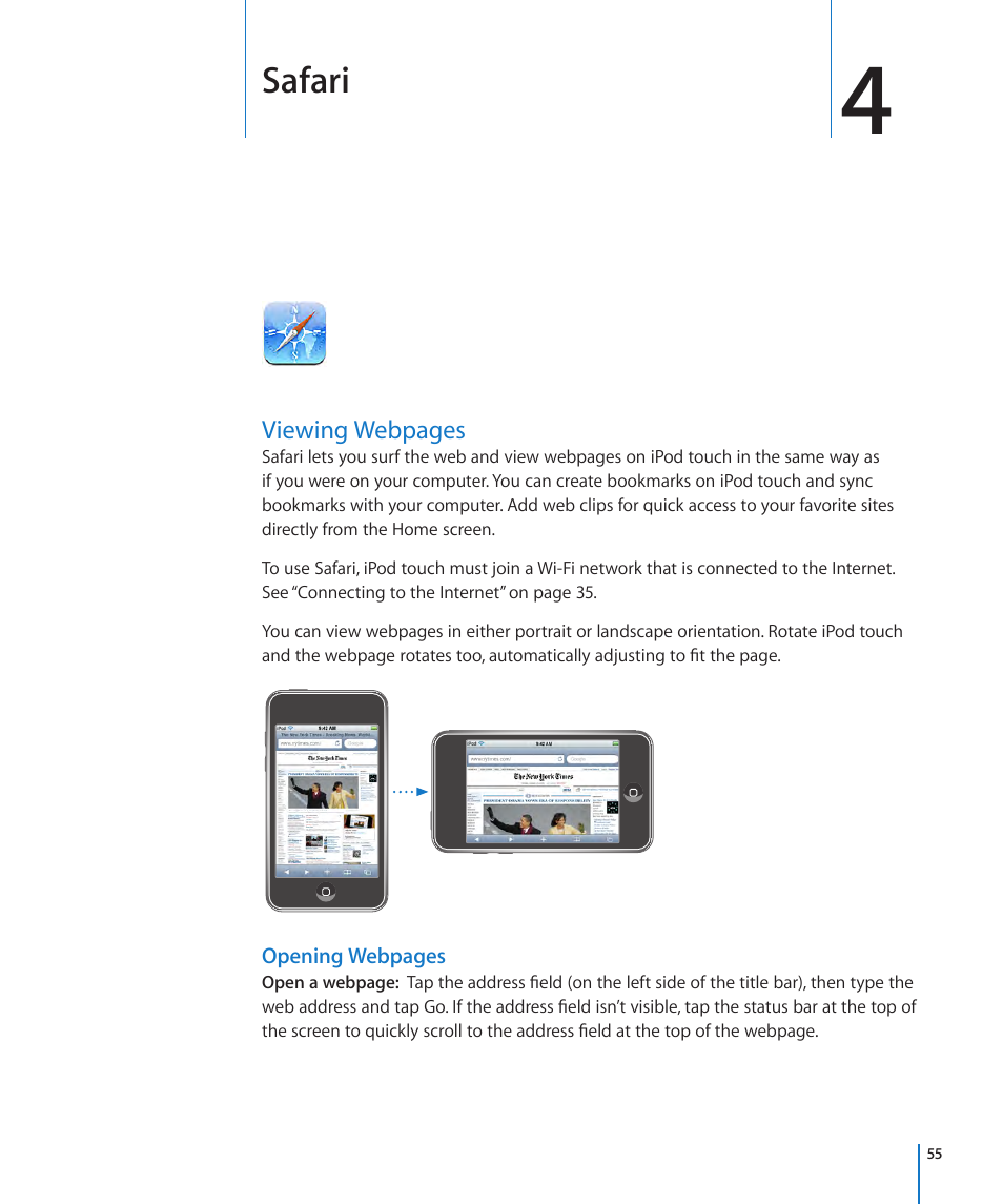 Chapter 4: safari, Safari | Apple iPod touch iOS 3.1 User Manual | Page 55 / 169