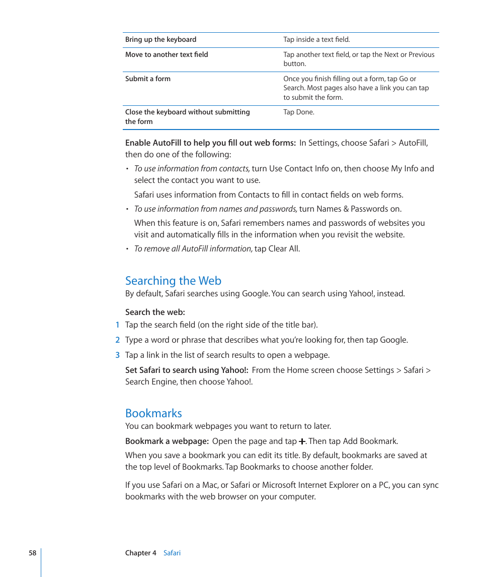 Searching the web, Bookmarks, 58 searching the web 58 bookmarks | Apple iPod touch iOS 3.1 User Manual | Page 58 / 169