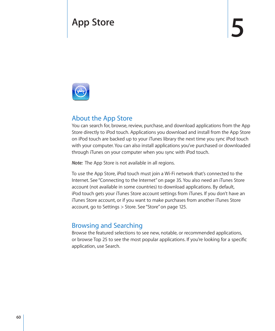 Chapter 5: app store, About the app store, Browsing and searching | 60 about the app store 60 browsing and searching, App store | Apple iPod touch iOS 3.1 User Manual | Page 60 / 169