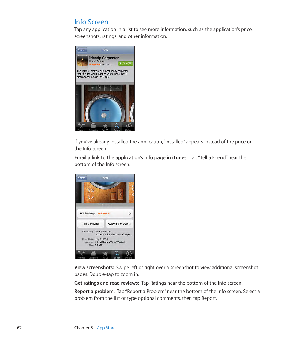 Info screen, 62 info screen | Apple iPod touch iOS 3.1 User Manual | Page 62 / 169
