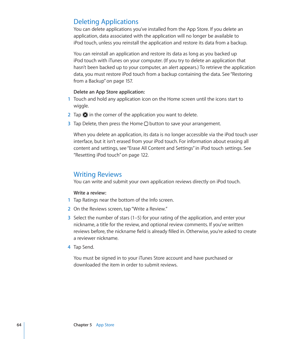 Deleting applications, Writing reviews, 64 deleting applications 64 writing reviews | Apple iPod touch iOS 3.1 User Manual | Page 64 / 169