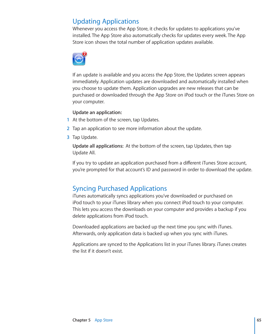 Updating applications, Syncing purchased applications | Apple iPod touch iOS 3.1 User Manual | Page 65 / 169