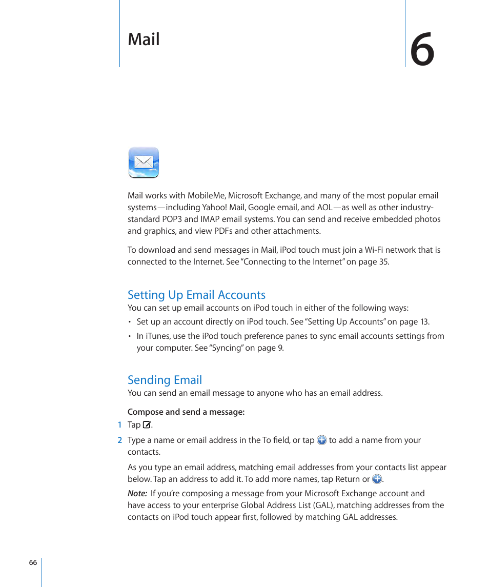 Chapter 6: mail, Setting up email accounts, Sending email | 66 setting up email accounts 66 sending email, Mail | Apple iPod touch iOS 3.1 User Manual | Page 66 / 169
