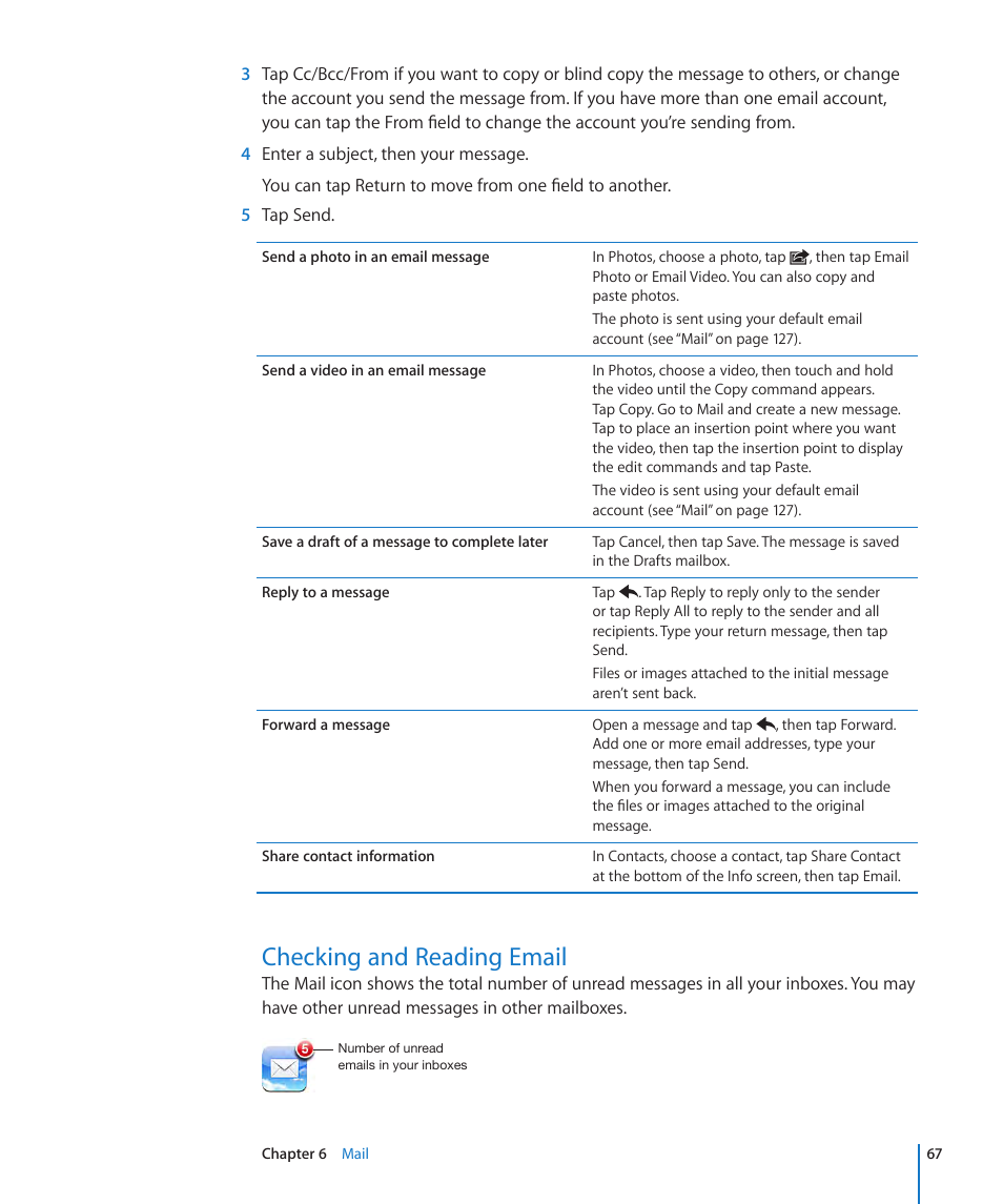 Checking and reading email, 67 checking and reading email | Apple iPod touch iOS 3.1 User Manual | Page 67 / 169