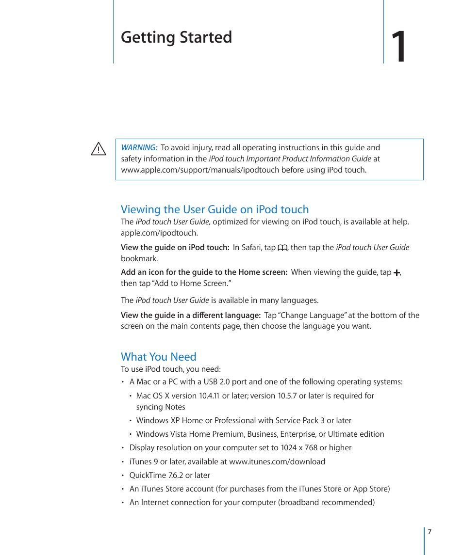 Chapter 1: getting started, Viewing the user guide on ipod touch, What you need | Getting started | Apple iPod touch iOS 3.1 User Manual | Page 7 / 169