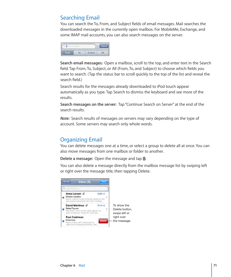Searching email, Organizing email, 71 searching email 71 organizing email | Apple iPod touch iOS 3.1 User Manual | Page 71 / 169