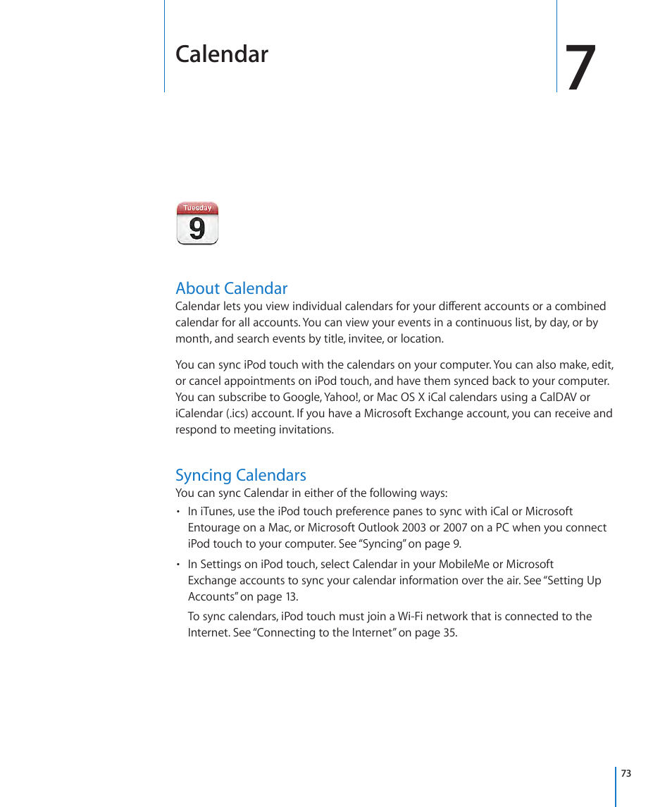 Chapter 7: calendar, About calendar, Syncing calendars | 73 about calendar 73 syncing calendars, Calendar | Apple iPod touch iOS 3.1 User Manual | Page 73 / 169