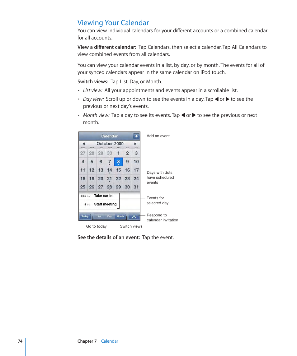 Viewing your calendar, 74 viewing your calendar | Apple iPod touch iOS 3.1 User Manual | Page 74 / 169