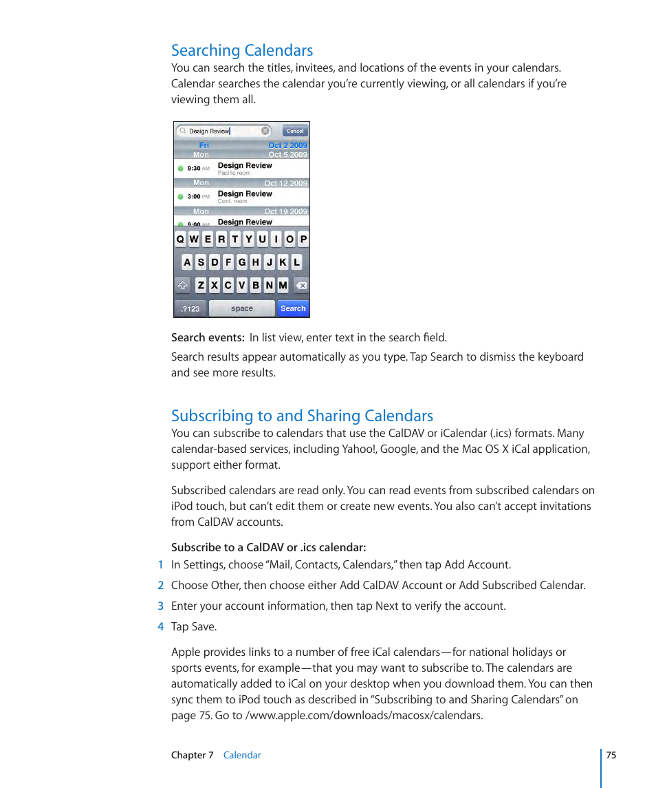 Searching calendars, Subscribing to and sharing calendars | Apple iPod touch iOS 3.1 User Manual | Page 75 / 169