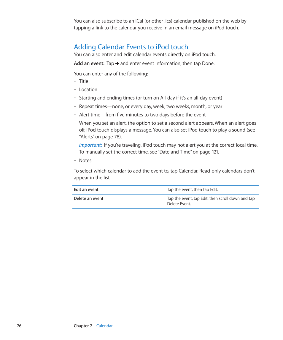 Adding calendar events to ipod touch, 76 adding calendar events to ipod touch | Apple iPod touch iOS 3.1 User Manual | Page 76 / 169