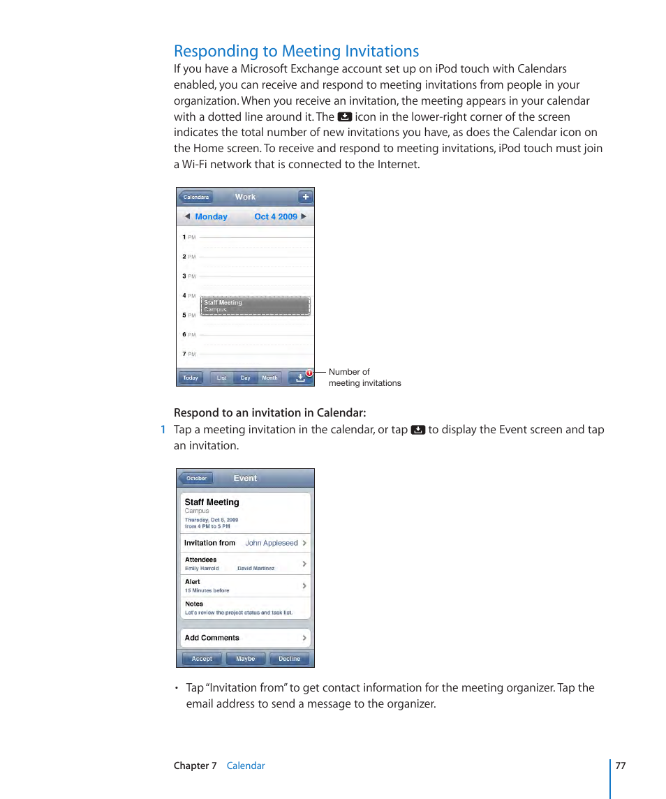 Responding to meeting invitations, 77 responding to meeting invitations | Apple iPod touch iOS 3.1 User Manual | Page 77 / 169