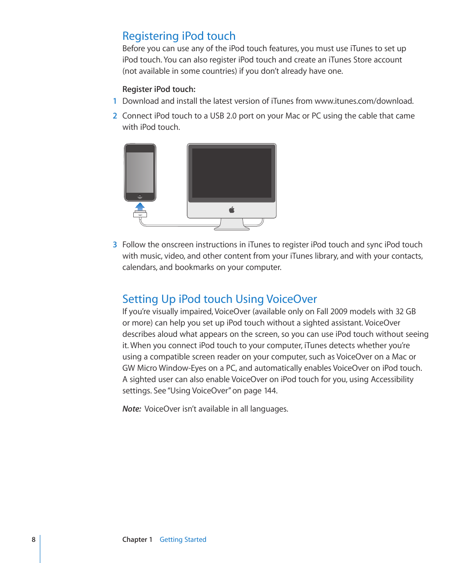 Registering ipod touch, Setting up ipod touch using voiceover | Apple iPod touch iOS 3.1 User Manual | Page 8 / 169