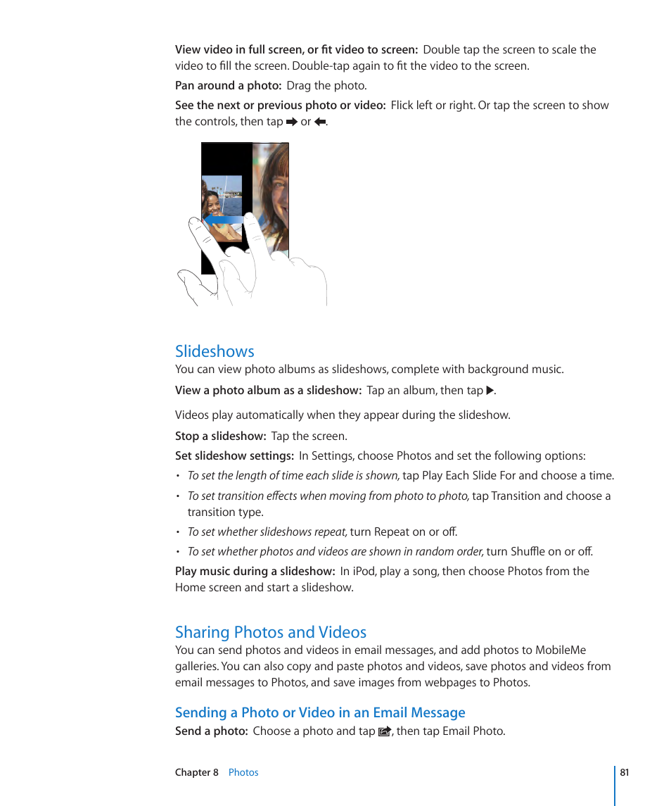 Slideshows, Sharing photos and videos, 81 slideshows 81 sharing photos and videos | Sending a photo or video in an email message | Apple iPod touch iOS 3.1 User Manual | Page 81 / 169