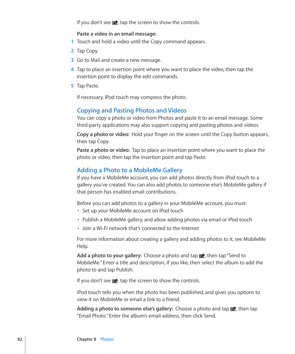 Copying and pasting photos and videos, Adding a photo to a mobileme gallery | Apple iPod touch iOS 3.1 User Manual | Page 82 / 169