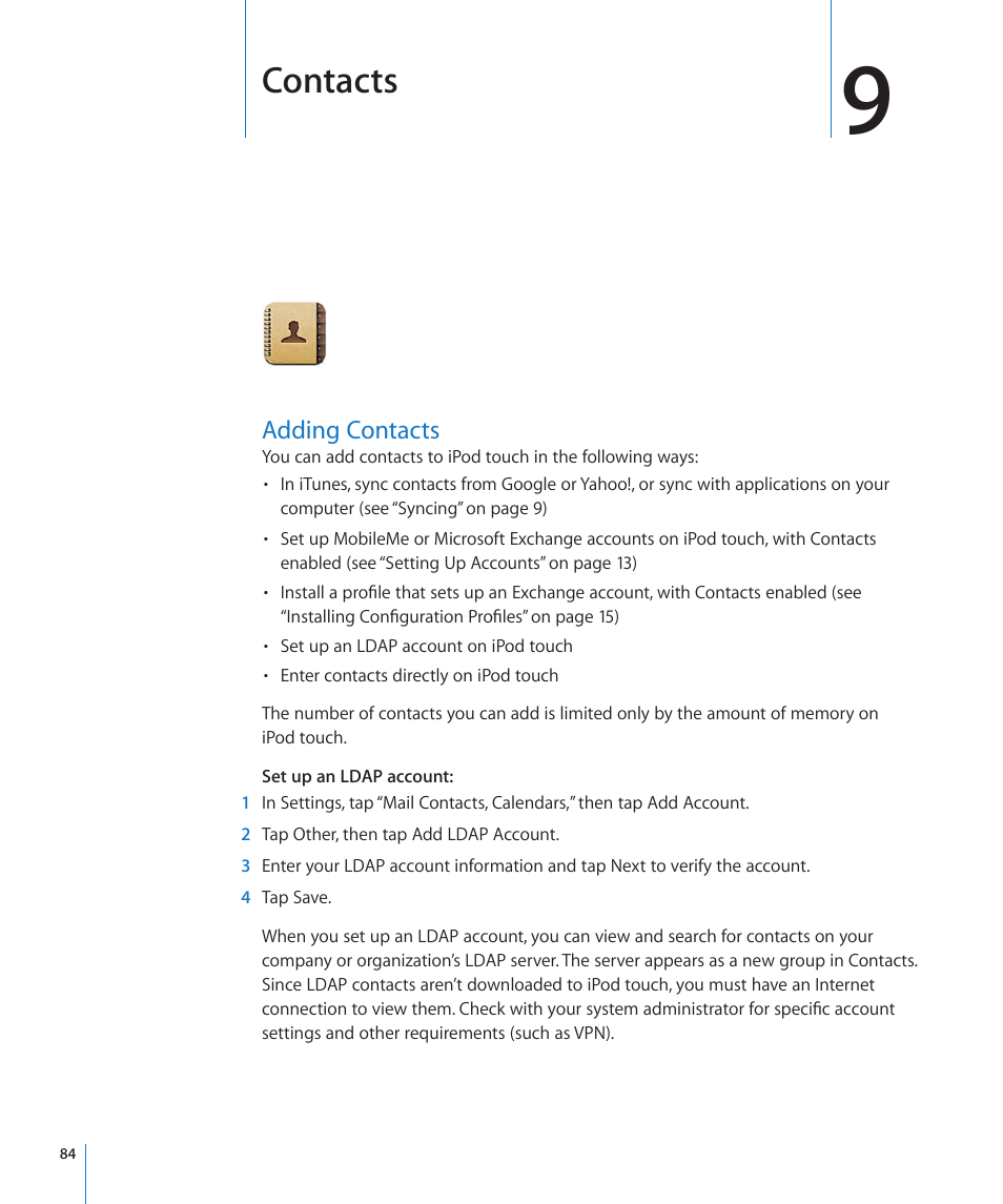 Chapter 9: contacts, Adding contacts, 84 adding contacts | Contacts | Apple iPod touch iOS 3.1 User Manual | Page 84 / 169