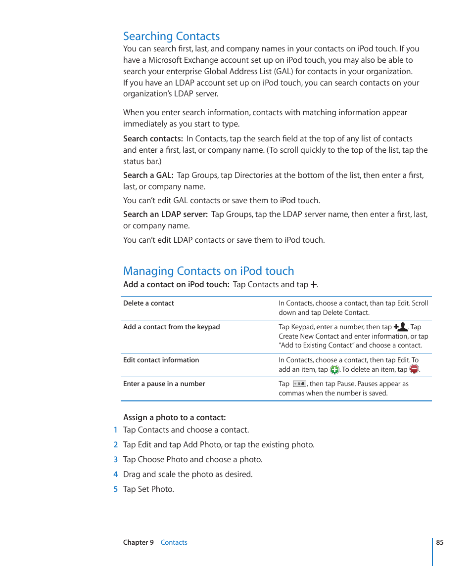 Searching contacts, Managing contacts on ipod touch | Apple iPod touch iOS 3.1 User Manual | Page 85 / 169