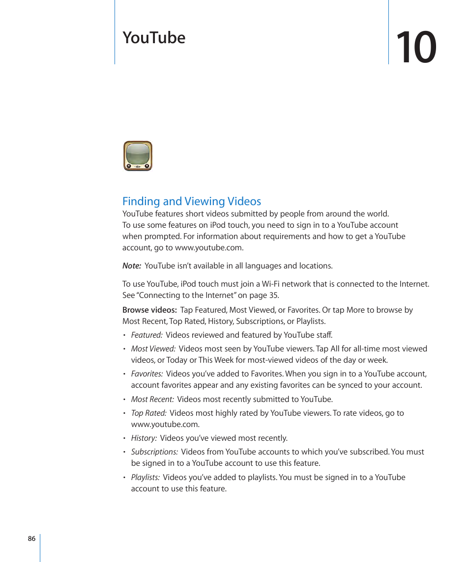 Chapter 10: youtube, Finding and viewing videos, 86 finding and viewing videos | Youtube | Apple iPod touch iOS 3.1 User Manual | Page 86 / 169