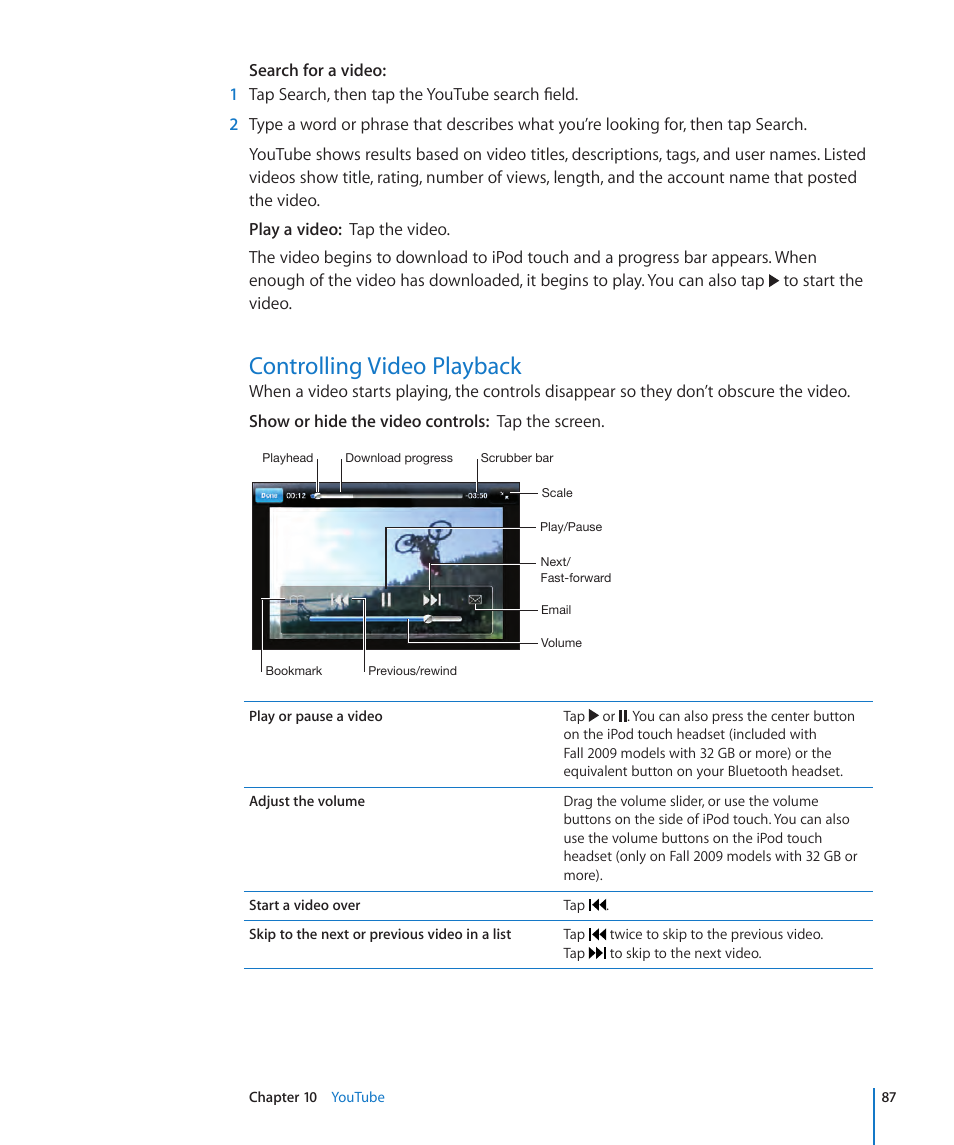Controlling video playback, 87 controlling video playback | Apple iPod touch iOS 3.1 User Manual | Page 87 / 169
