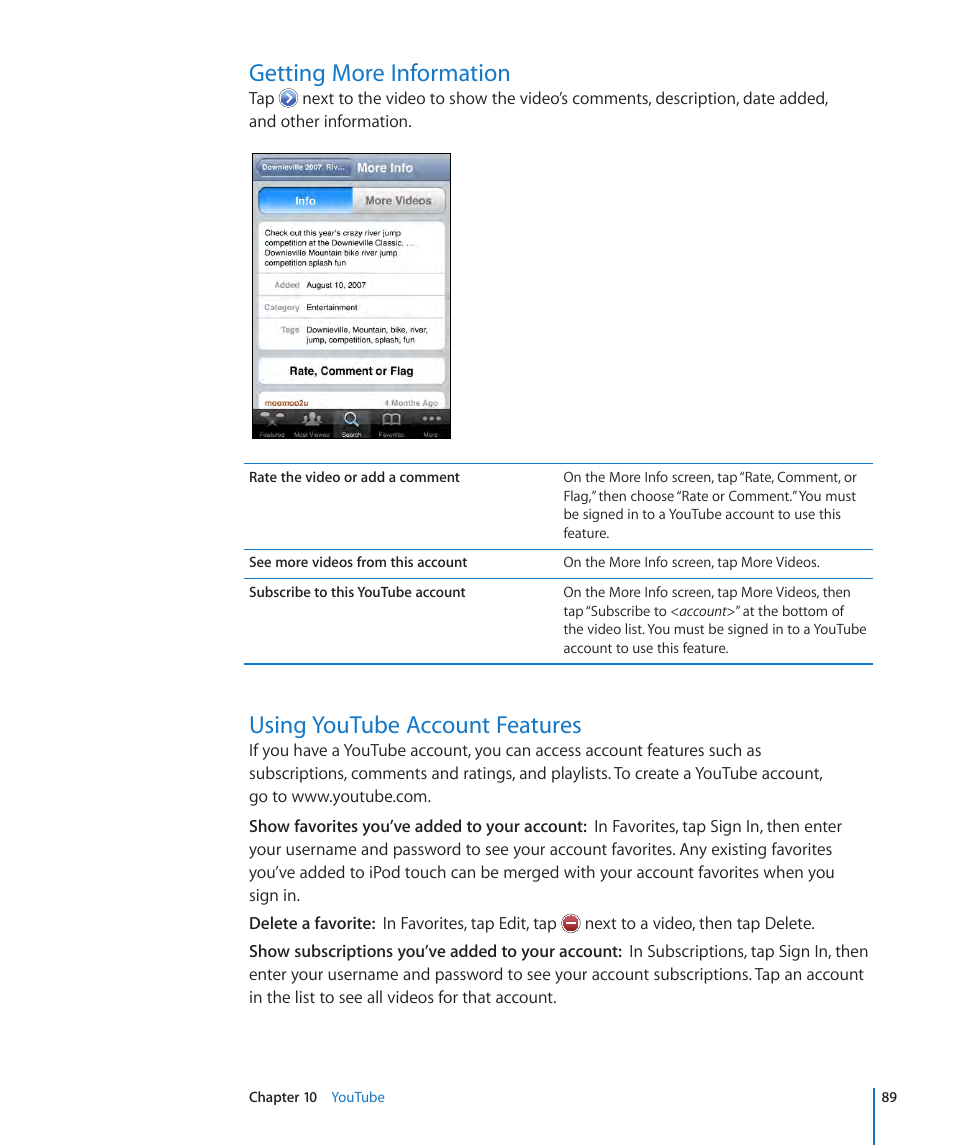 Getting more information, Using youtube account features | Apple iPod touch iOS 3.1 User Manual | Page 89 / 169
