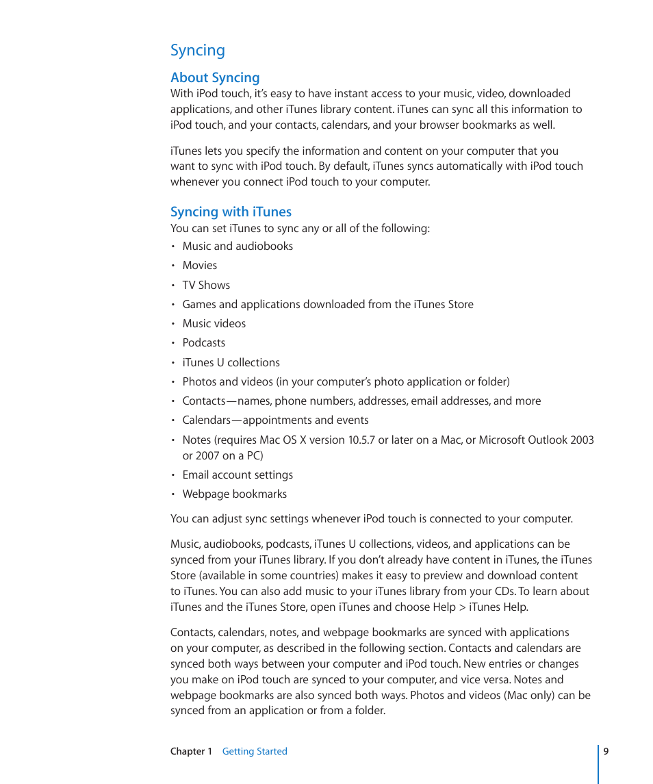 Syncing, About syncing, Syncing with itunes | Apple iPod touch iOS 3.1 User Manual | Page 9 / 169