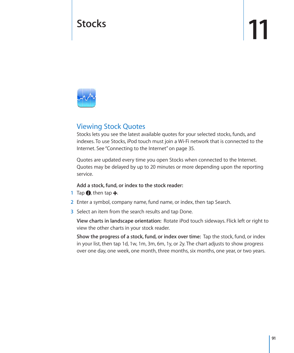 Chapter 11: stocks, Viewing stock quotes, 91 viewing stock quotes | Stocks | Apple iPod touch iOS 3.1 User Manual | Page 91 / 169