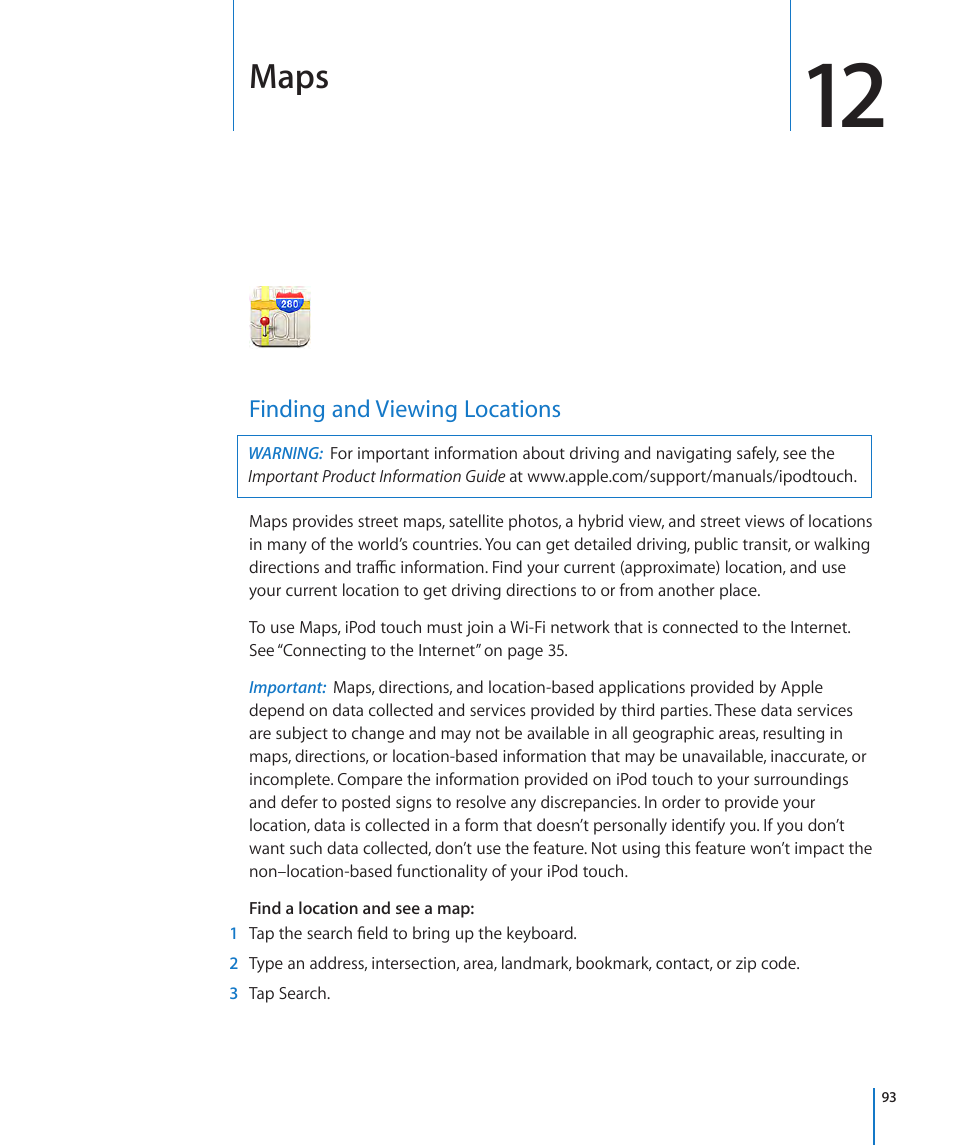 Chapter 12: maps, Finding and viewing locations, 93 finding and viewing locations | Maps | Apple iPod touch iOS 3.1 User Manual | Page 93 / 169