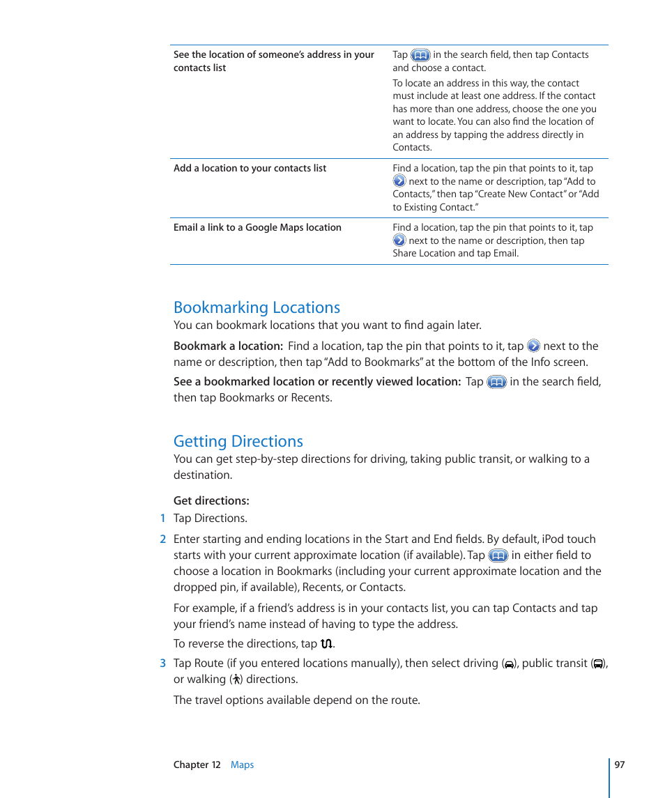 Bookmarking locations, Getting directions, 97 bookmarking locations 97 getting directions | Apple iPod touch iOS 3.1 User Manual | Page 97 / 169