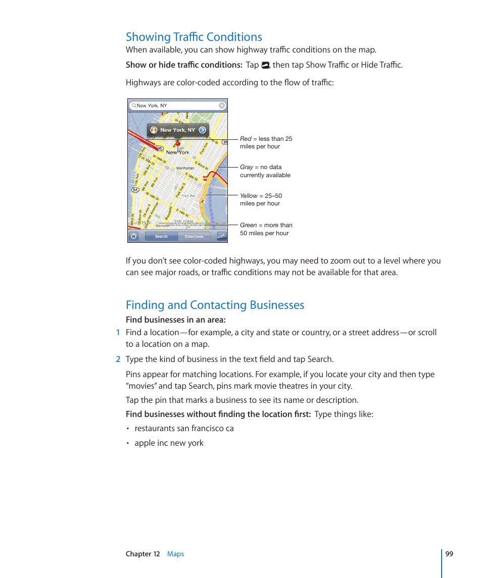 Showing traffic conditions, Finding and contacting businesses | Apple iPod touch iOS 3.1 User Manual | Page 99 / 169