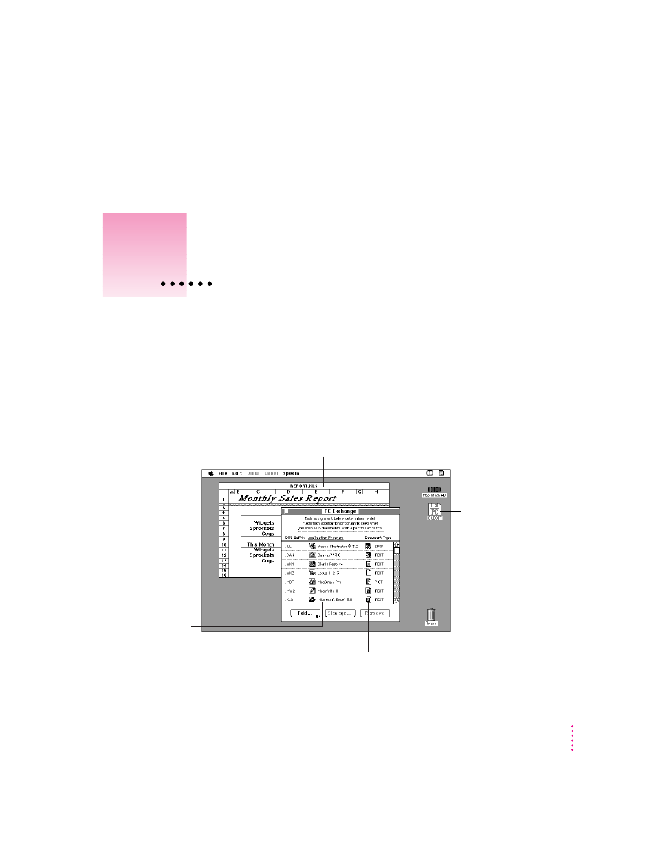 Appendix b exchanging files with dos or windows, Macintosh pc exchange at a glance | Apple Macintosh PowerBook 150 User Manual | Page 135 / 164