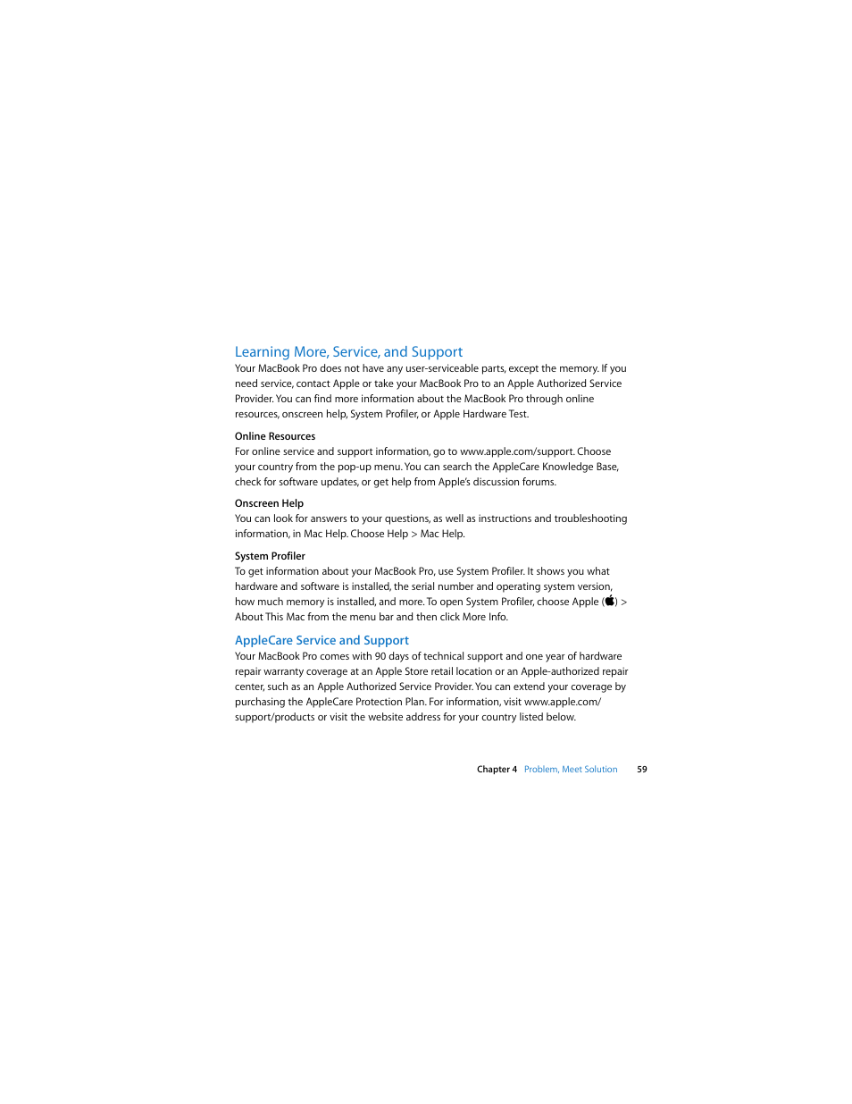 Learning more, service, and support, Applecare service and support, See “learning more, service, and support | Apple MacBook Pro (17-inch, Late 2008) User Manual | Page 59 / 82