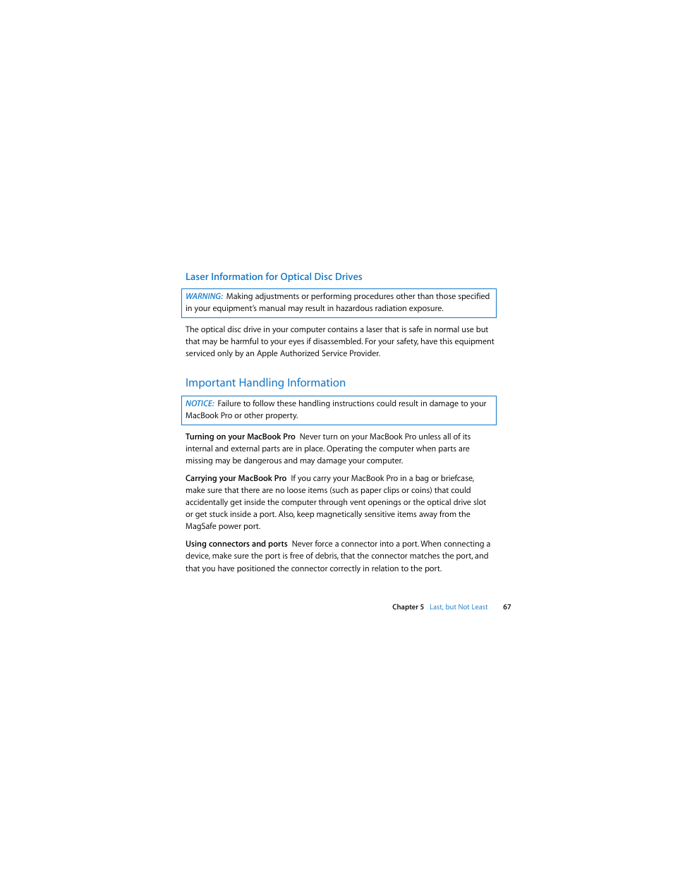 Laser information for optical disc drives, Important handling information | Apple MacBook Pro (17-inch, Late 2008) User Manual | Page 67 / 82