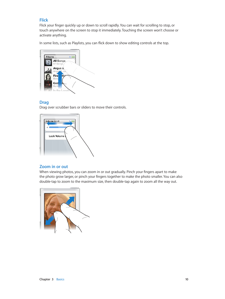 Flick, Drag, Zoom in or out | Apple iPod nano (7th generation) User Manual | Page 10 / 68