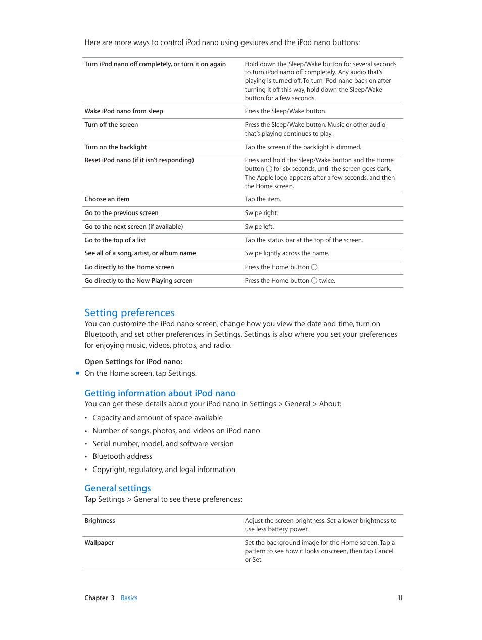 Setting preferences, 11 setting preferences, Getting information about ipod nano | General settings | Apple iPod nano (7th generation) User Manual | Page 11 / 68