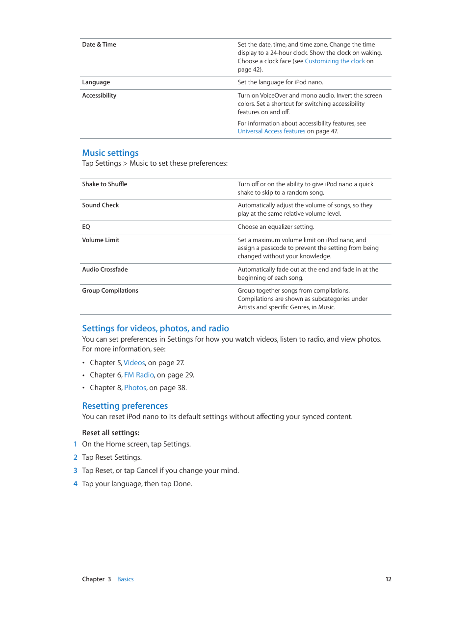 Music settings, Settings for videos, photos, and radio, Resetting preferences | Apple iPod nano (7th generation) User Manual | Page 12 / 68