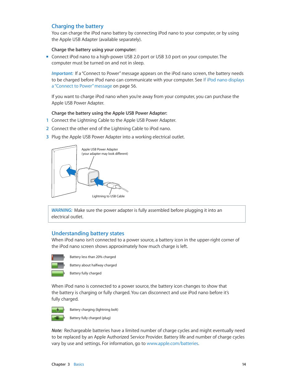 Charging the battery, Understanding battery states | Apple iPod nano (7th generation) User Manual | Page 14 / 68