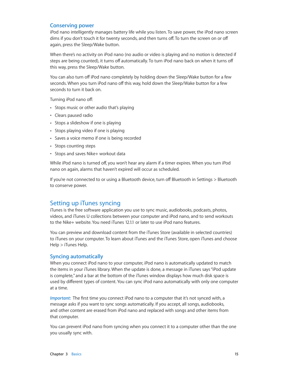 Setting up itunes syncing, 15 setting up itunes syncing, Conserving power | Syncing automatically | Apple iPod nano (7th generation) User Manual | Page 15 / 68