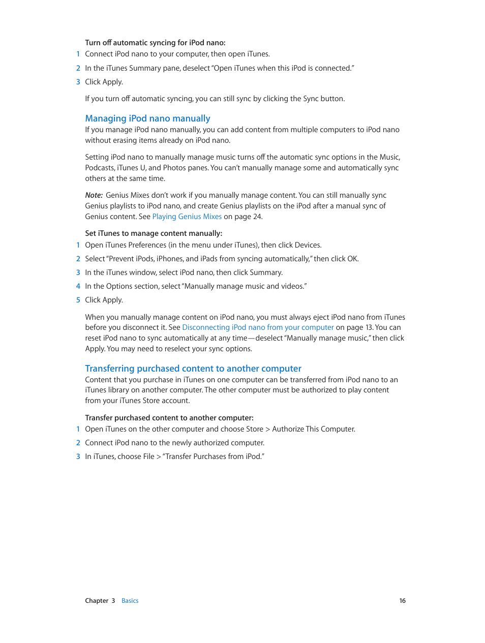 Managing ipod nano manually, Transferring purchased content to another computer | Apple iPod nano (7th generation) User Manual | Page 16 / 68