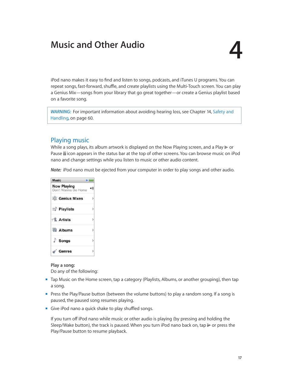 Chapter 4: music and other audio, Playing music, 17 playing music | Music and other audio | Apple iPod nano (7th generation) User Manual | Page 17 / 68