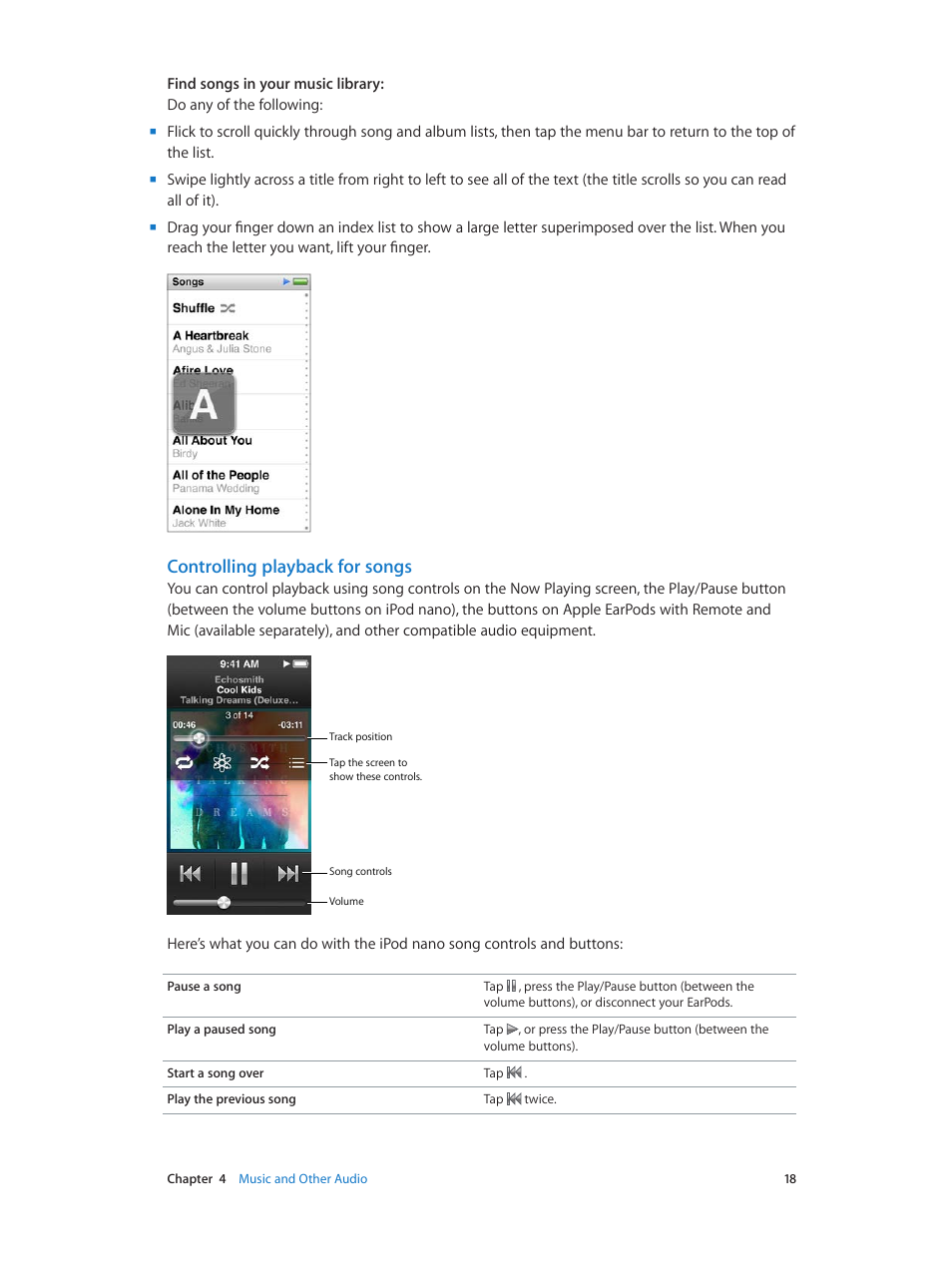 Controlling playback for songs | Apple iPod nano (7th generation) User Manual | Page 18 / 68