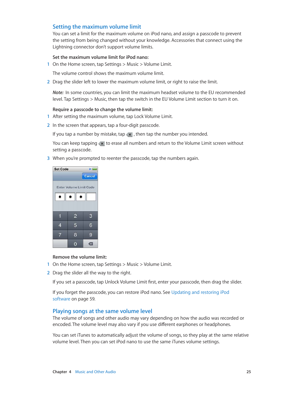 Setting the maximum volume limit, Playing songs at the same volume level | Apple iPod nano (7th generation) User Manual | Page 25 / 68