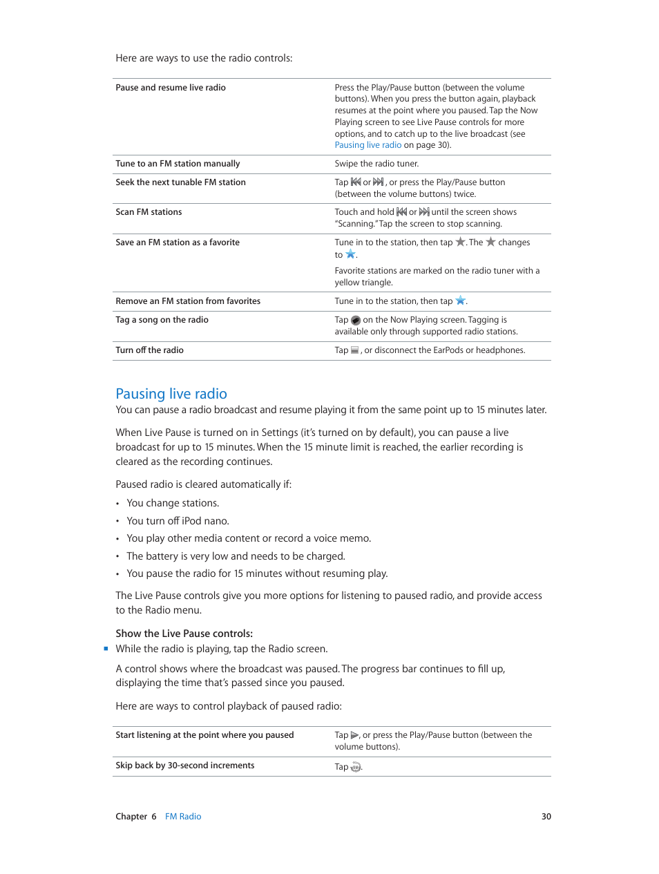 Pausing live radio, 30 pausing live radio | Apple iPod nano (7th generation) User Manual | Page 30 / 68
