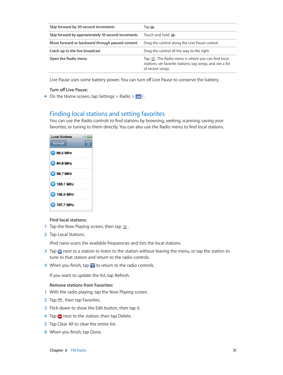 Finding local stations and setting favorites, 31 finding local stations and setting favorites | Apple iPod nano (7th generation) User Manual | Page 31 / 68