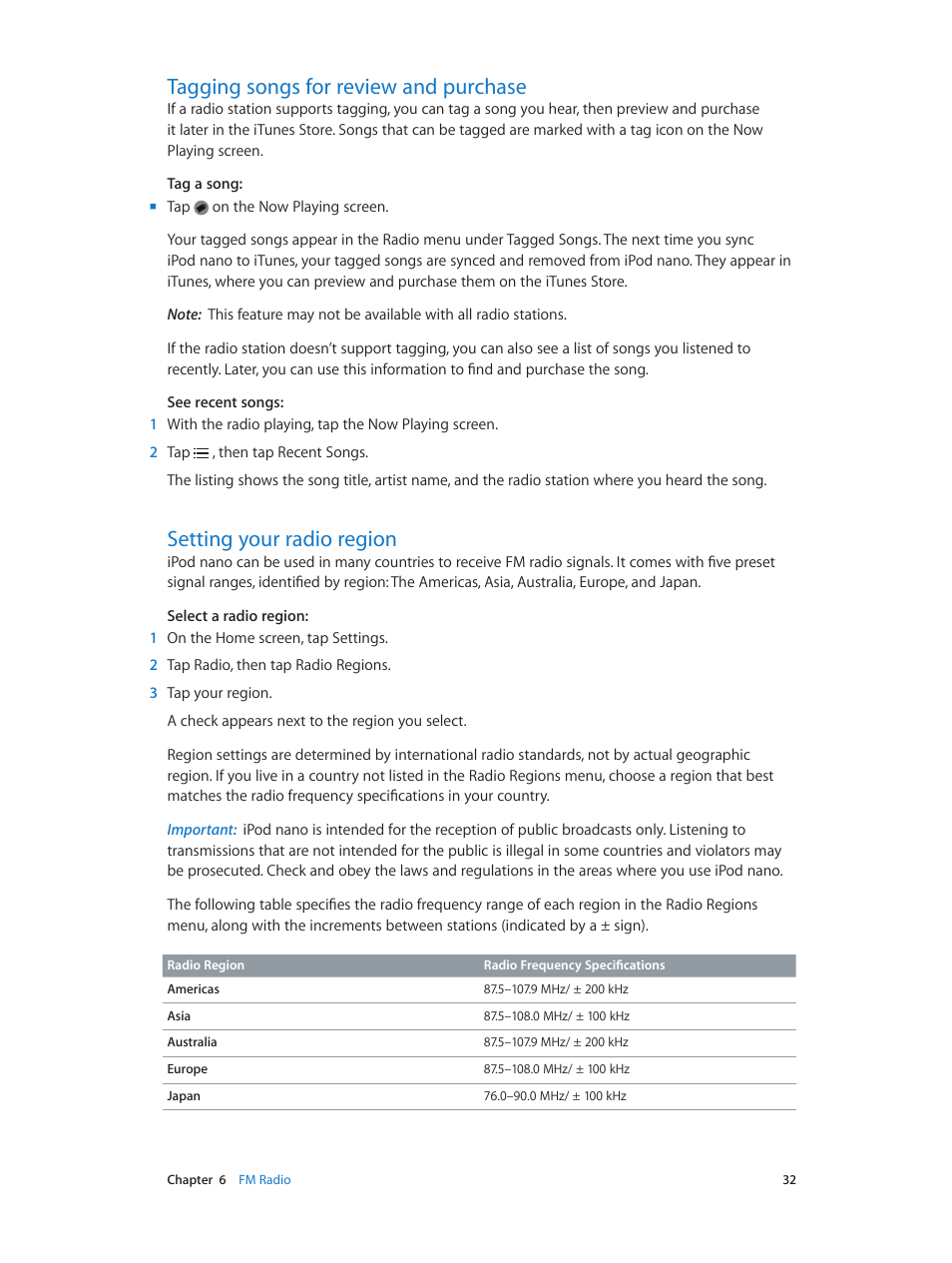 Tagging songs for review and purchase, Setting your radio region | Apple iPod nano (7th generation) User Manual | Page 32 / 68